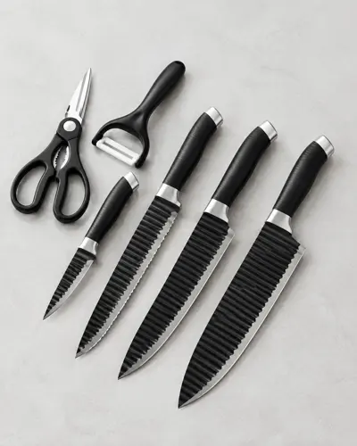Kit com quatro facas pretas de lâmina ondulada, uma tesoura e um descascador