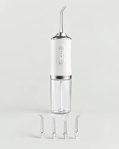Irrigador oral portátil branco com reservatório transparente e quatro bicos na frente