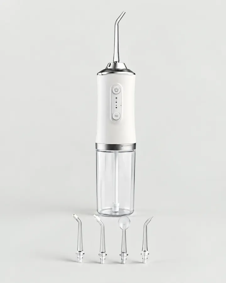 Irrigador oral portátil branco com reservatório transparente e quatro bicos na frente